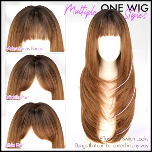 Synthetic Wig with Bangs Layered Hairstyle Heat Resistant Realistic Scalp 26 main image 4